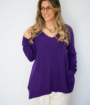 Camisola malha fina roxo decote em bico