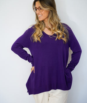 Camisola malha fina roxo decote em bico