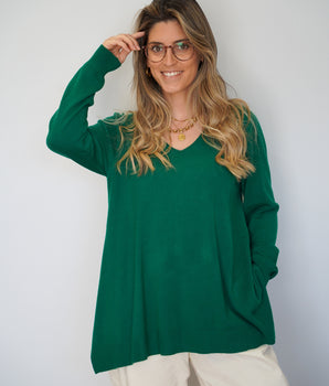 Camisola malha fina verde floresta decote em bico