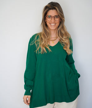 Camisola malha fina verde floresta decote em bico